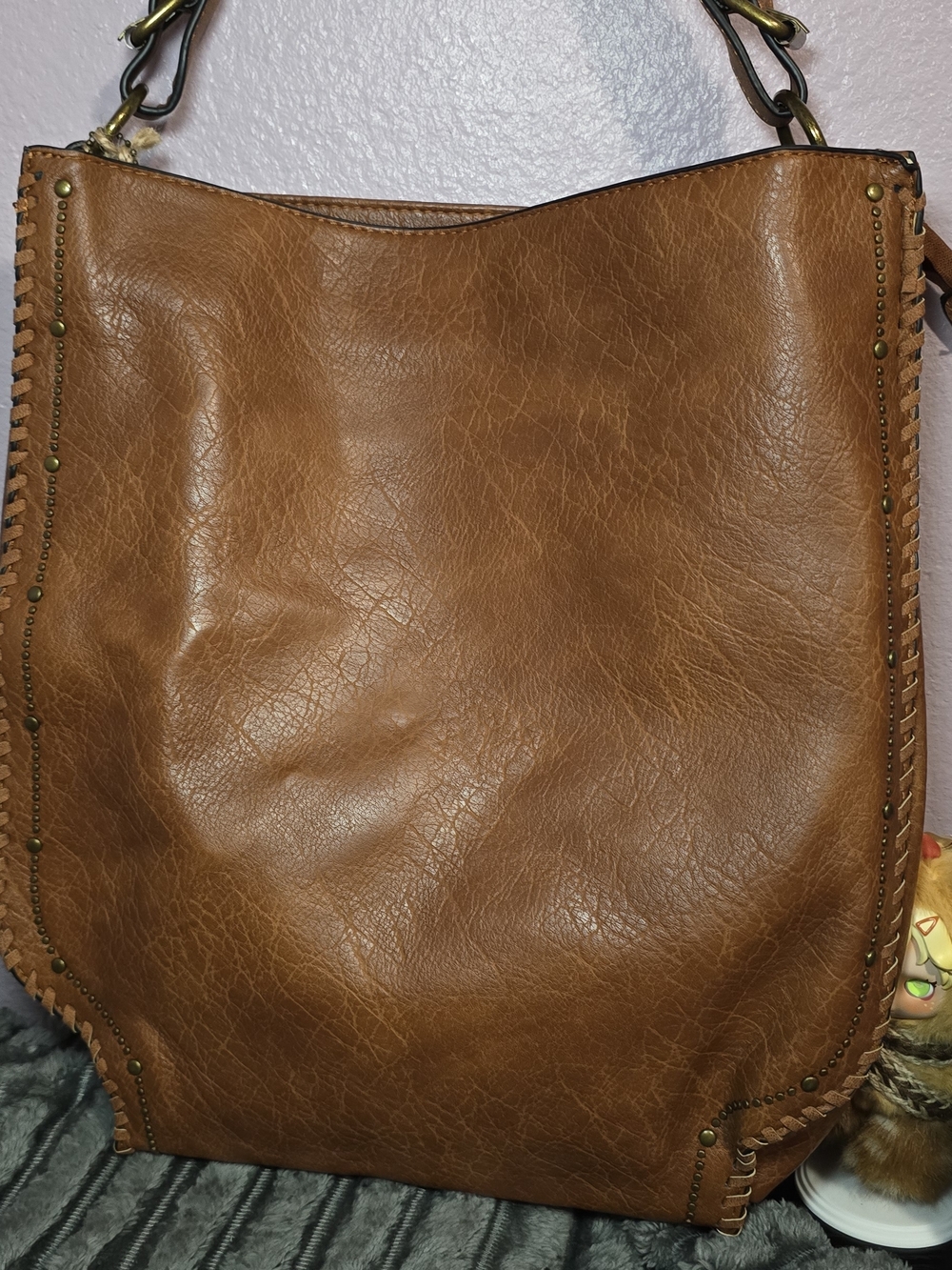 Tan Leather Tote with Whipstitch Trim